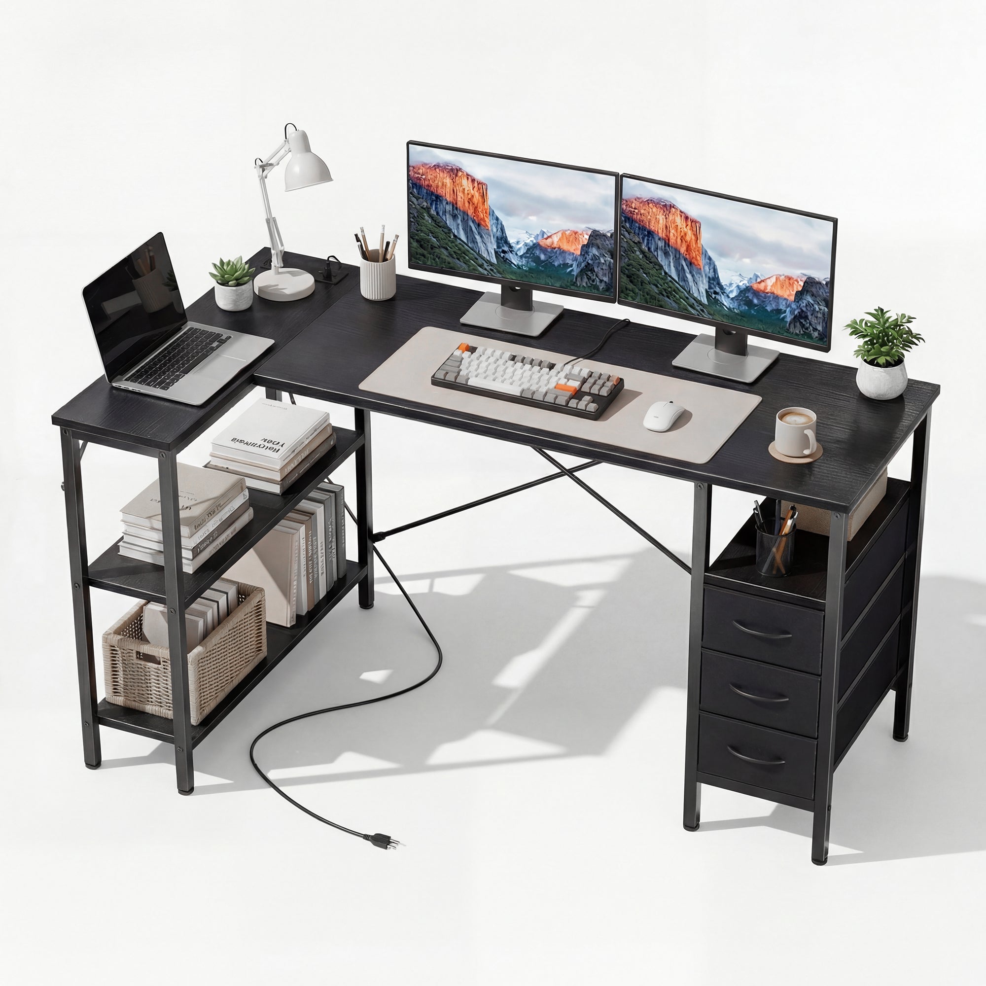 Sweetcrisppy L-Shaped Computer Desk with 3 Drawers and Power Outlets
