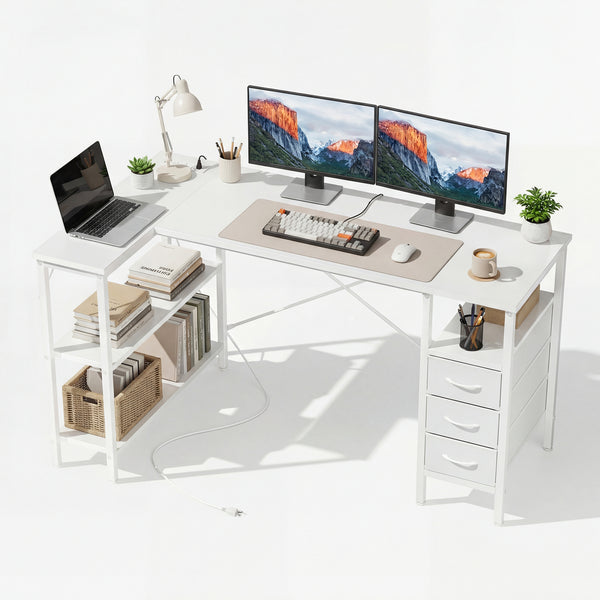 Sweetcrisppy L-Shaped Computer Desk with 3 Drawers and Power Outlets