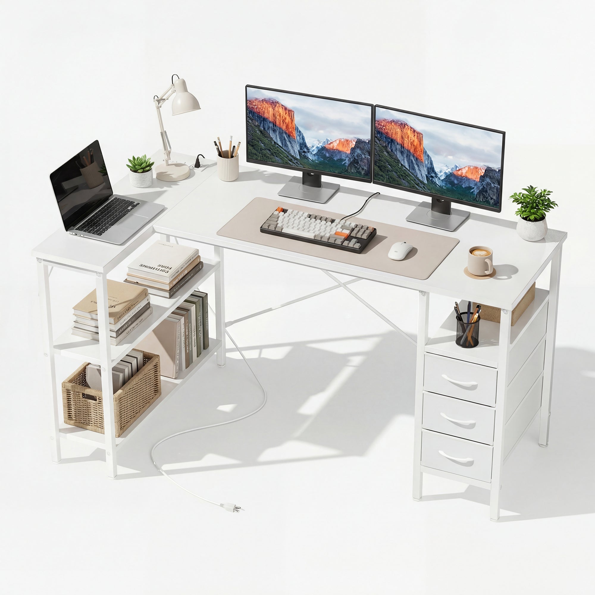 Sweetcrisppy L-Shaped Computer Desk with 3 Drawers and Power Outlets