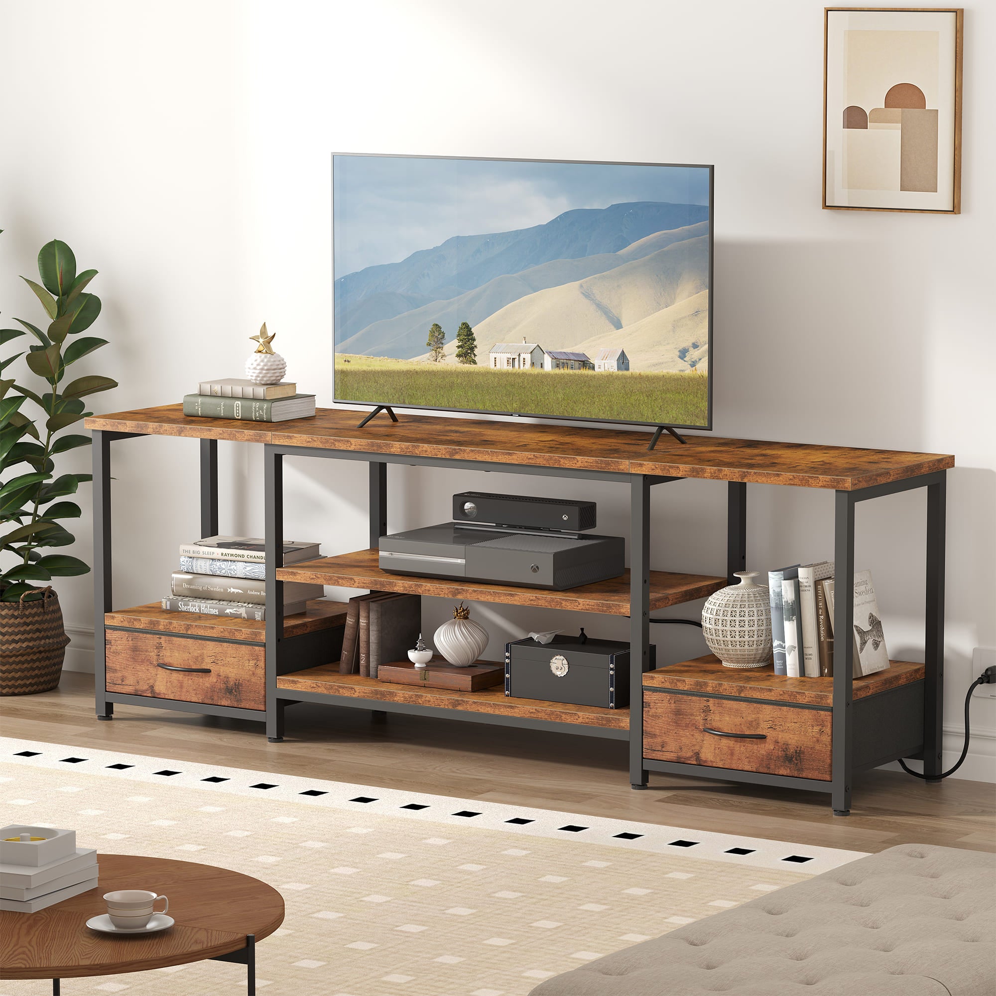 Sweetcrispy TV Stand with 2 Fabric Drawers & Adjustable Shevles for Living Room