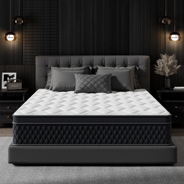 ZUNMOS Mattress, featuring a spring-foam hybrid design for effective pressure relief, CertiPUR-US certified for lasting support, boxed mattress, medium firmness.