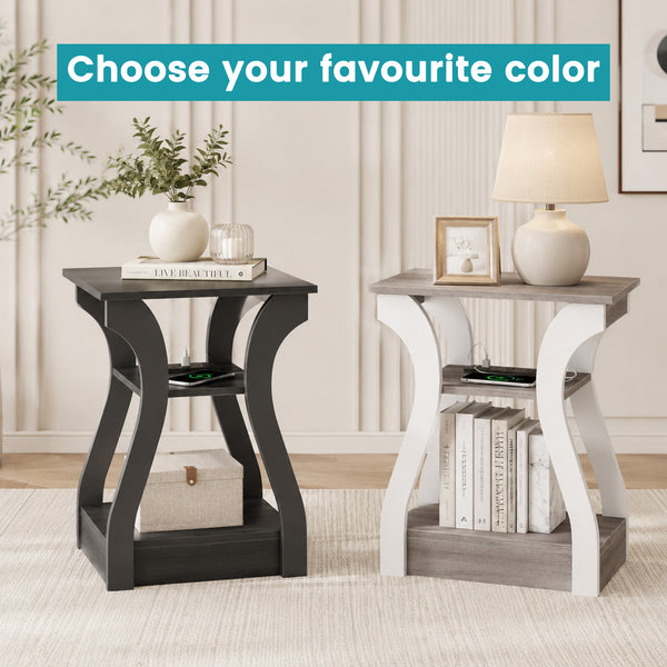 Sweetcrispy 3-Tier End Table with Charging Station for Living Room & Bedroom