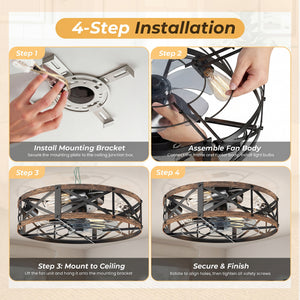 Sweetcrispy Farmhouse Caged Ceiling Fan with Light Flush Mount Fandelier Remote Dimmable LED for Bedroom Living Room Kitchen