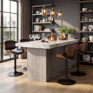 Sweetcrispy Adjustable Bentwood Bar Stools with PU Leather Upholstery and Footrest-Set of 2