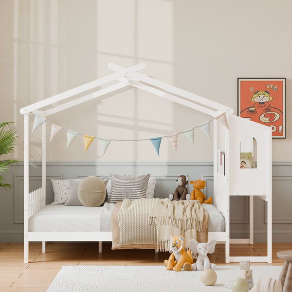Sweetcrispy Wooden House Bed Frame with built-in Desk for Children, White