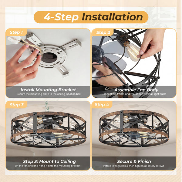 Sweetcrispy Farmhouse Caged Ceiling Fan with Light Flush Mount Fandelier Remote Dimmable LED for Bedroom Living Room Kitchen