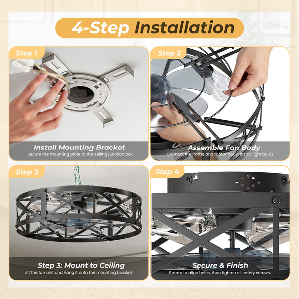 Sweetcrispy Farmhouse Caged Ceiling Fan with Light Flush Mount Fandelier Remote Dimmable LED for Bedroom Living Room Kitchen