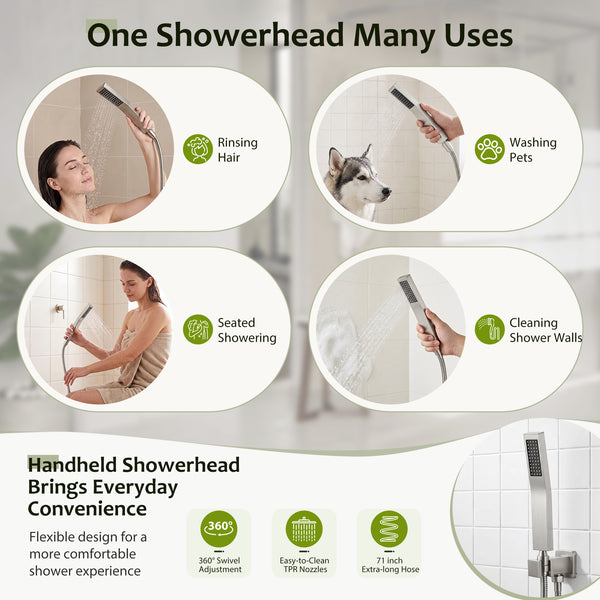 Sweetcrispy 304 Stainless Steel Wall Mount Shower Head and Handle Set, Anti-Rust, 360° Adjustable, Pressure Balanced, Temp Stable, High Flow Luxury Trim Kit‌