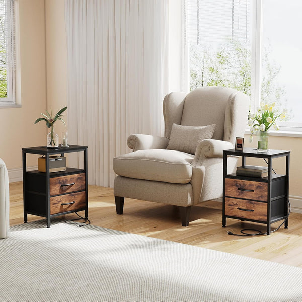 SWEETCRISPY 2-Drawer Nightstand with Charging Station, USB & Type-C Ports, Adjustable Fabric Drawers, Sturdy Metal Frame, Space-Saving Design for Bedroom & Living Room