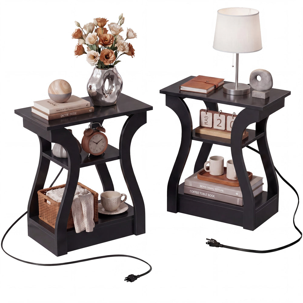 Sweetcrispy 3-Tier End Table with Charging Station for Living Room & Bedroom