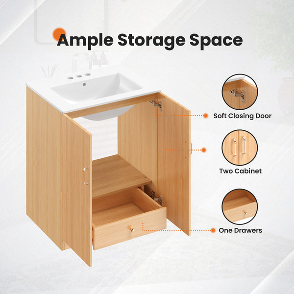 Sweetcrispy 24-Inch Bathroom Vanity with Sink, Double Doors, Natural Wood Style