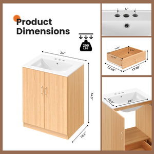 Sweetcrispy 24-Inch Bathroom Vanity with Sink, Double Doors, Natural Wood Style