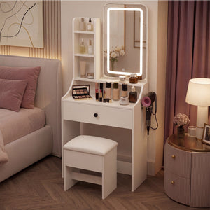 Sweetcrispy 24" Vanity Desk with Mirror, LED Makeup Vanity with 3 Light Modes & Power Outlet, Storage Drawers & Stool, Dressing Table for Bedroom