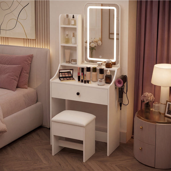 Sweetcrispy 24" Vanity Desk with Mirror, LED Makeup Vanity with 3 Light Modes & Power Outlet, Storage Drawers & Stool, Dressing Table for Bedroom