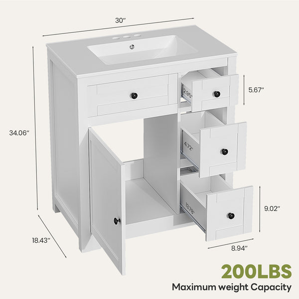 Sweetcrispy Bathroom Vanity with Ceramic Sink and Storage, White