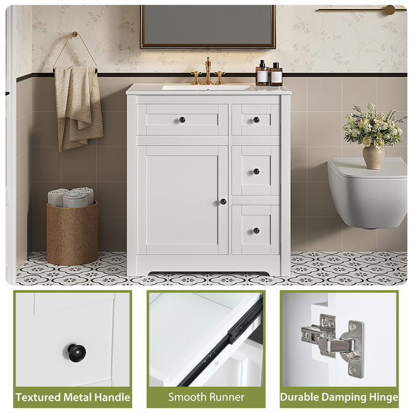 Sweetcrispy Bathroom Vanity with Ceramic Sink and Storage, White