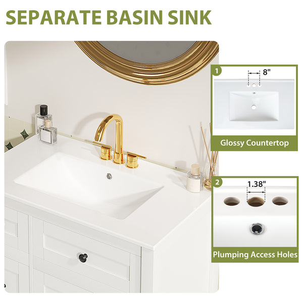 Sweetcrispy Bathroom Vanity with Ceramic Sink and Storage, White
