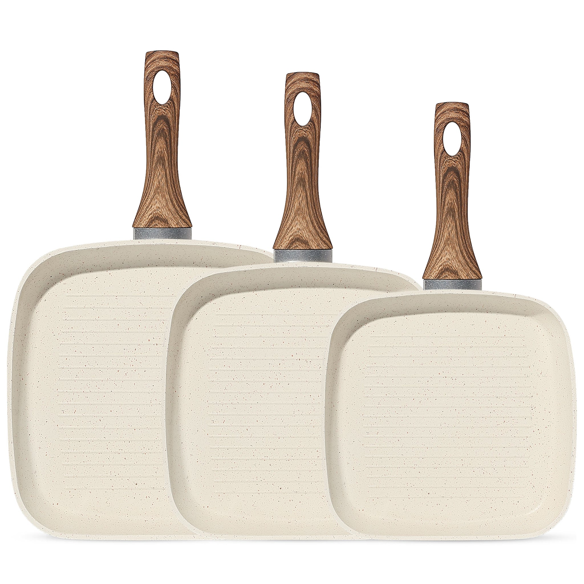 Sweetcrispy Nonstick Cookware Set, Square Frying Pan Set with Wooden Handle