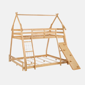 Sweetcrispy Bunk Bed Twin Over Full with Climbing Net & Ramp, Wooden Roof for Kids’ Bedroom