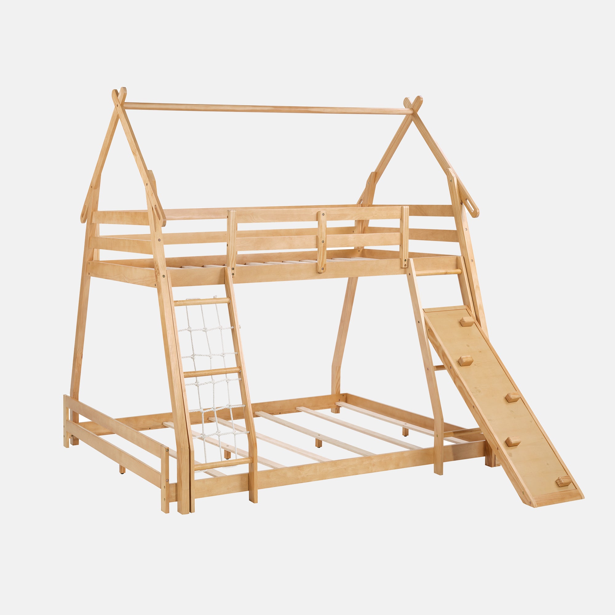 Sweetcrispy Bunk Bed Twin Over Queen with Climbing Net & Ramp, Wooden Roof for Kids’ Bedroom