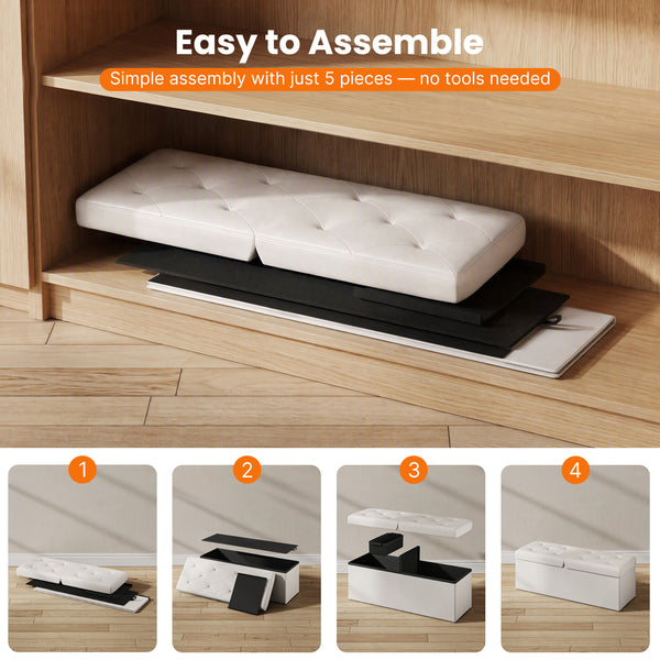 Sweetcrispy Storage Ottoman Bench with Dual Flip Lid, Faux Leather Entryway Bench for Living Room and Bedroom