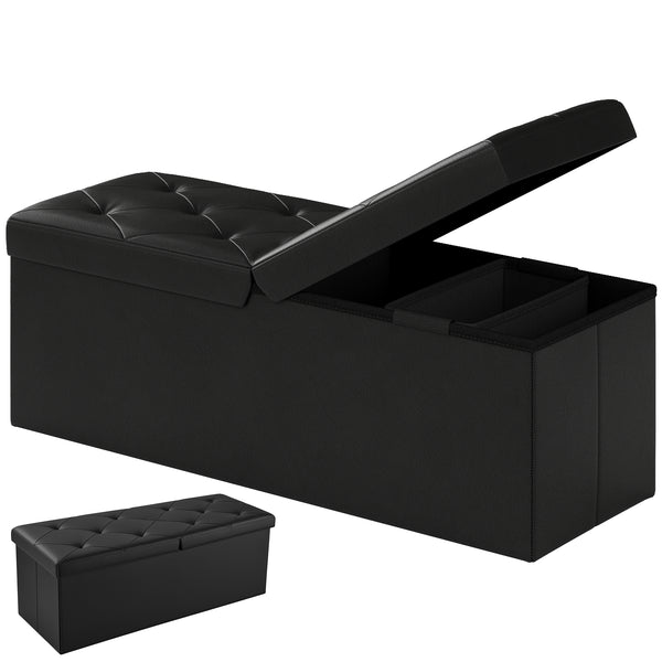 Sweetcrispy Storage Ottoman Bench with Dual Flip Lid, Faux Leather Entryway Bench for Living Room and Bedroom
