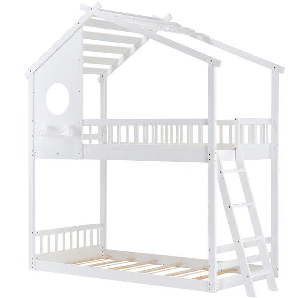 Sweetcrispy Low-Profile Twin House Bunk Bed with Side Ladder and Built-In Shelf