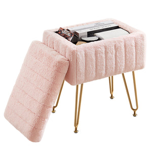 Sweetcrispy Vanity Stool Chair with 4 Metal Legs Anti-Slip Adjustable Feet, Faux Fur Seat, Storage Space