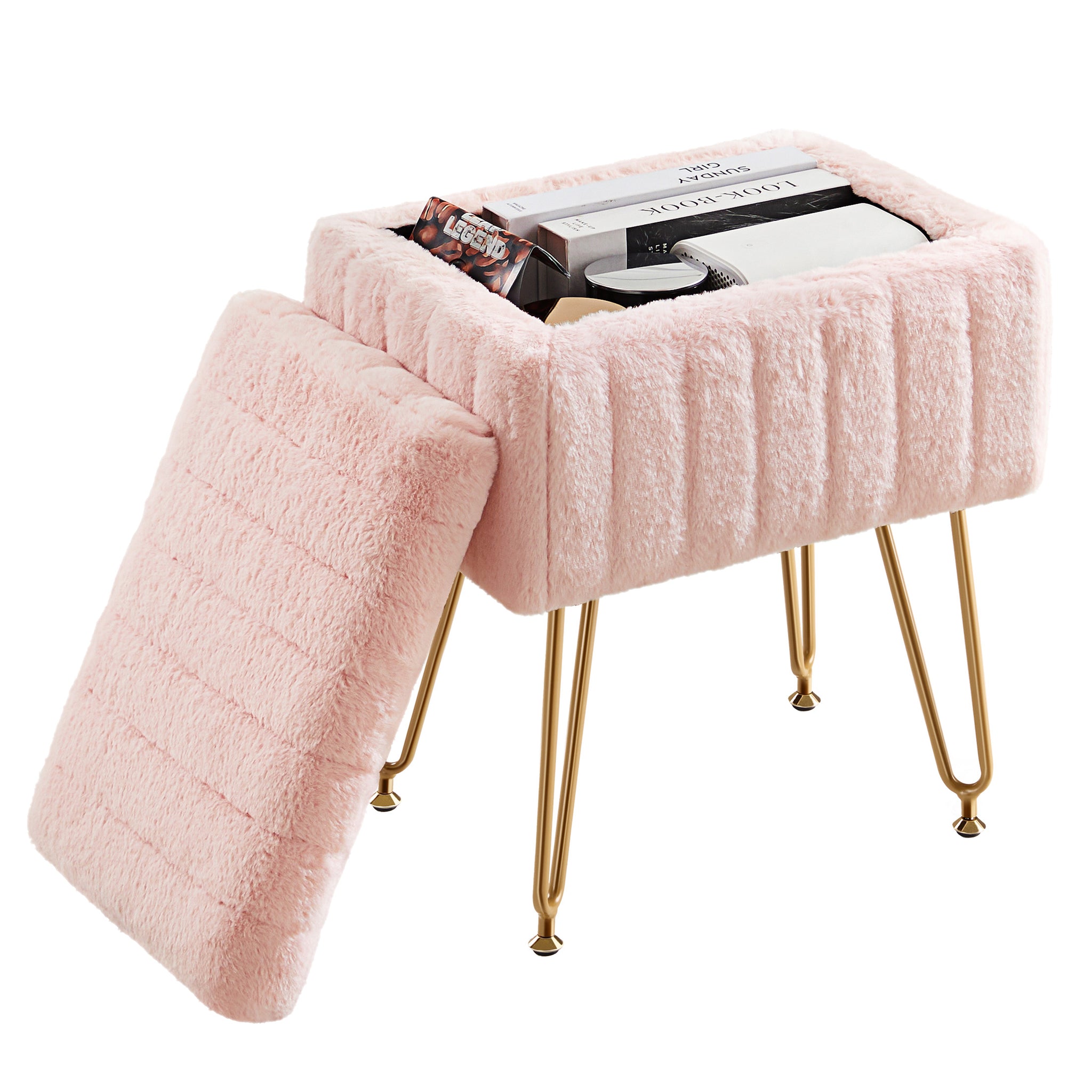 Sweetcrispy Vanity Stool Chair with 4 Metal Legs Anti-Slip Adjustable Feet, Faux Fur Seat, Storage Space