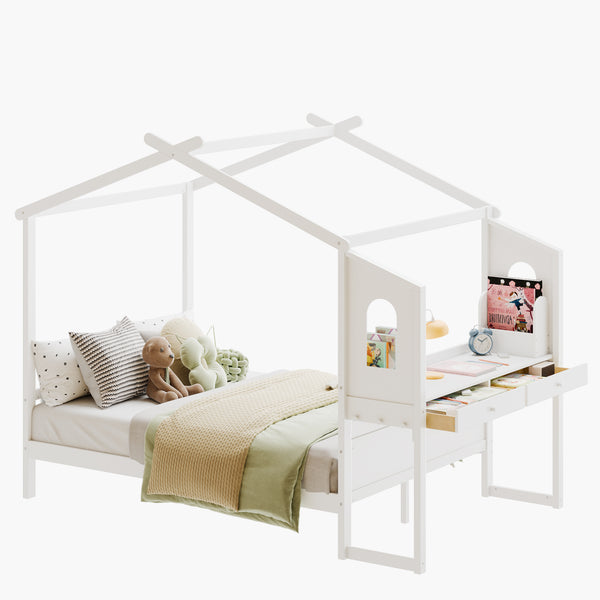 Sweetcrispy Wooden House Bed Frame with built-in Desk for Children, White