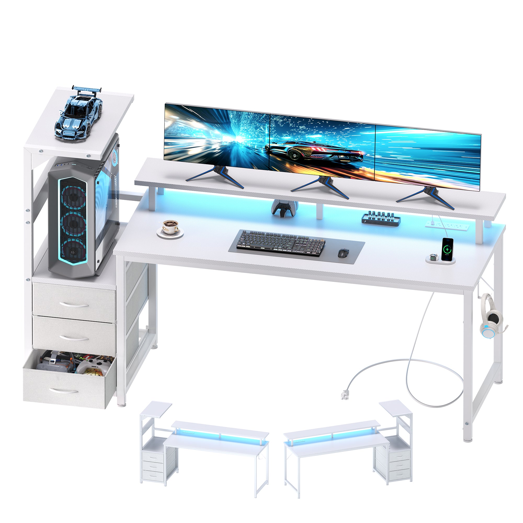 Sweetcrispy Computer Desk with Monitor Stand, 3 Drawers & LED Lights – sweetcrispy
