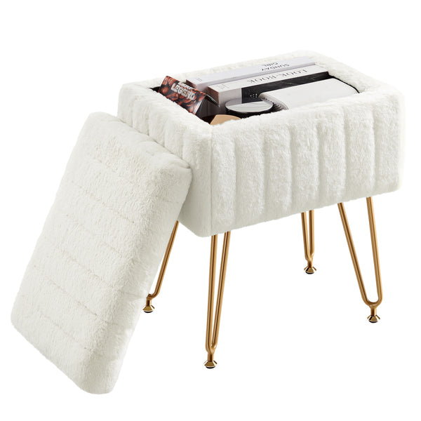 Sweetcrispy Vanity Stool Chair with 4 Metal Legs Anti-Slip Adjustable Feet, Faux Fur Seat, Storage Space