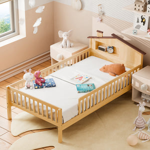 Sweetcrispy Solid Wood Twin Bed Frame with House Headboard & Guardrails for Children