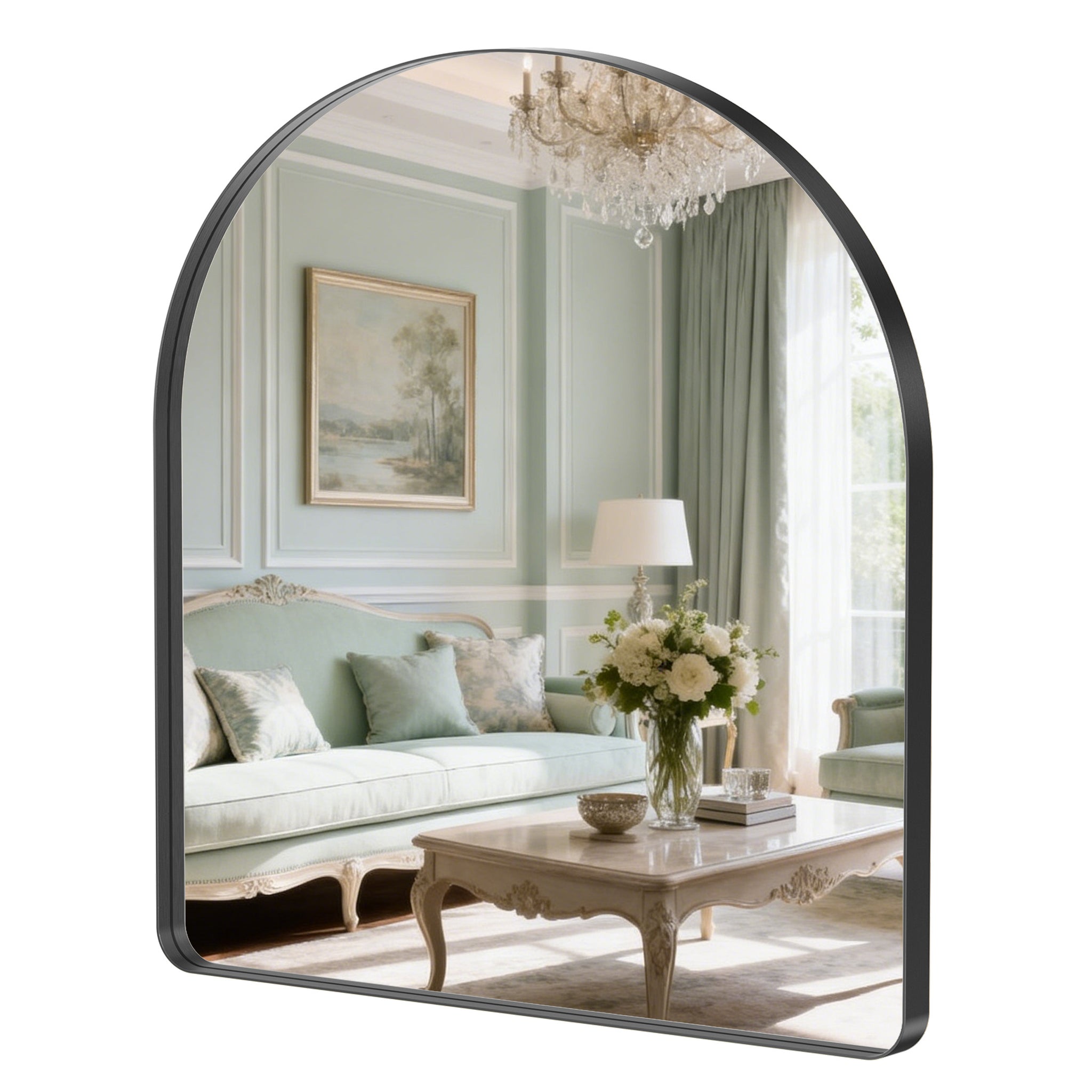 Sweetcrispy Arched-Top Rectangular Wall-Mounted Mirror – Aluminum Frame, HD Tempered Glass, Perfect for Bathroom, Bedroom & Living Room