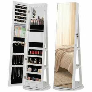 Sweetcrispy 360° Rotating Jewelry Cabinet with Round Rolling Swivel Base, Built-in Bright LED Lights, Large Capacity Space-Saving Vertical Jewelry Armoire