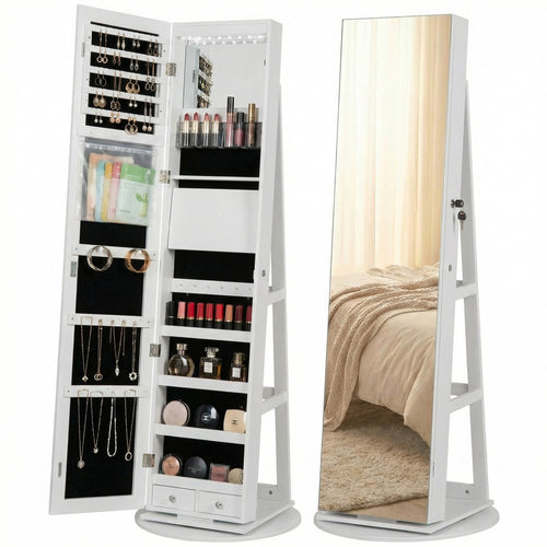 Sweetcrispy 360° Rotating Jewelry Cabinet with Round Rolling Swivel Base, Built-in Bright LED Lights, Large Capacity Space-Saving Vertical Jewelry Armoire