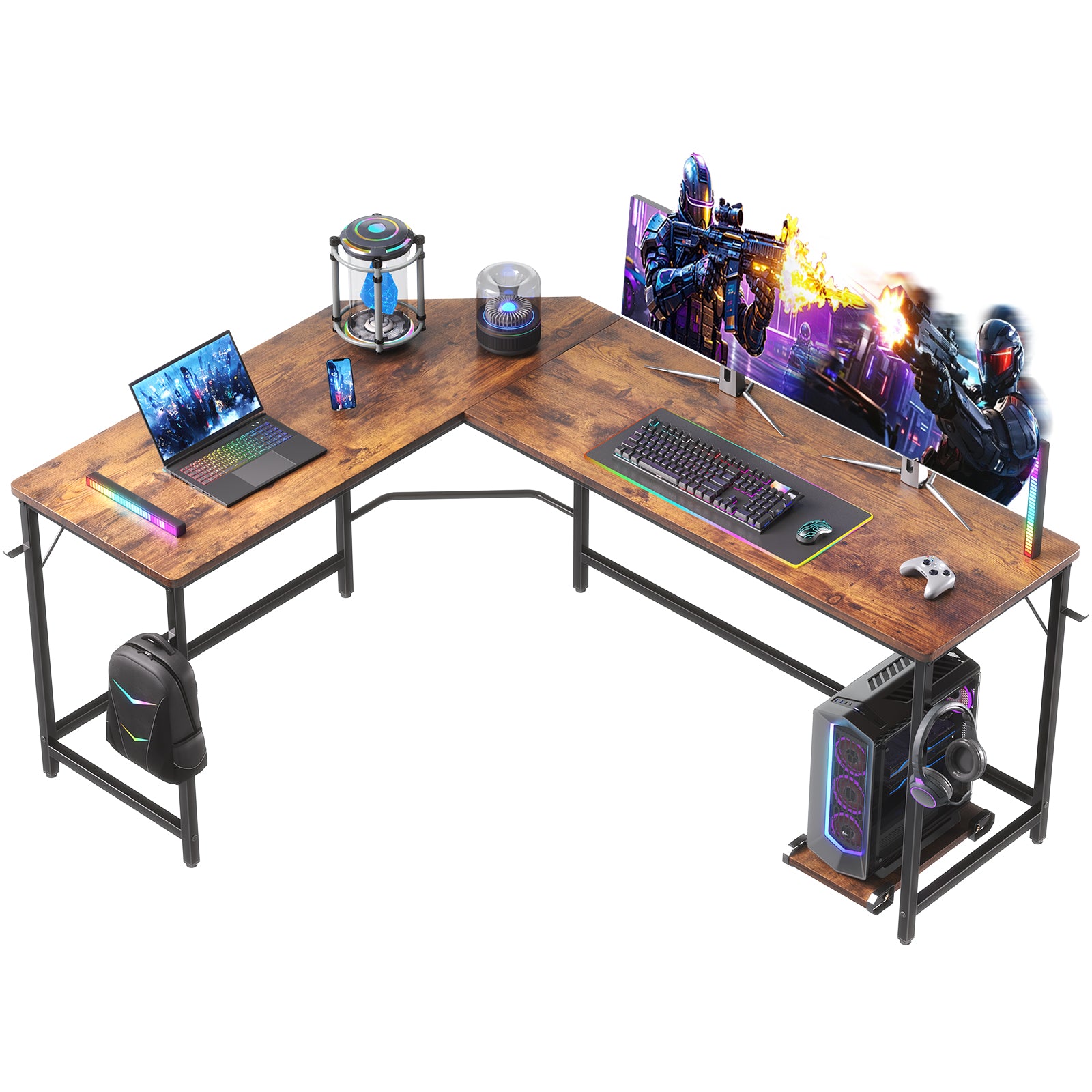 オフィス用品 Lacy Handy Counter Sweetcrispy L-shaped Computer Desk with CPU Stand and Side Hooks