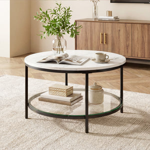 Sweetcrispy Round Coffee Table with Faux Marble Top & Glass Shelf for Living Room