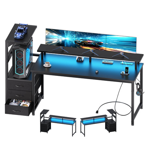 Sweetcrispy Computer Desk with Monitor Stand, 3 Drawers & LED Lights