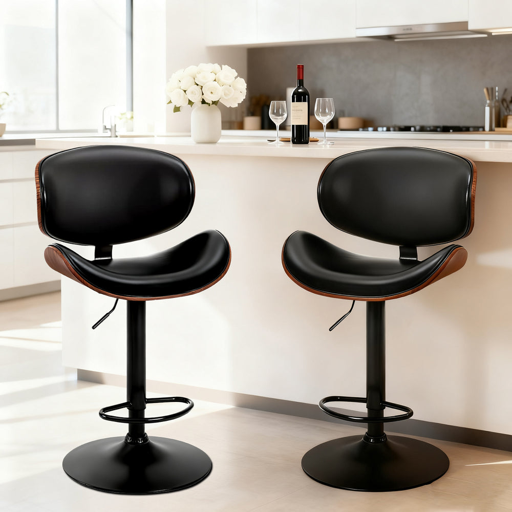 Sweetcrispy Adjustable Bentwood Bar Stools with PU Leather Upholstery and Footrest-Set of 2