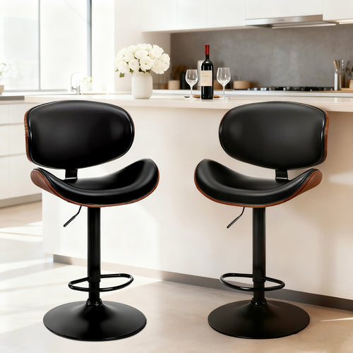 Sweetcrispy Adjustable Bentwood Bar Stools with PU Leather Upholstery and Footrest-Set of 2