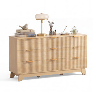 Sweetcrispy Modern Fluted 9-Drawer Dresser, Wide Wood Chest with Metal Handles, Natural Oak