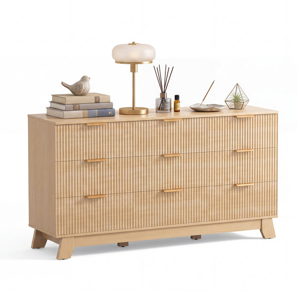 Sweetcrispy Modern Fluted 9-Drawer Dresser, Wide Wood Chest with Metal Handles, Natural Oak