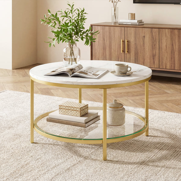 Sweetcrispy Round Coffee Table with Faux Marble Top & Glass Shelf for Living Room