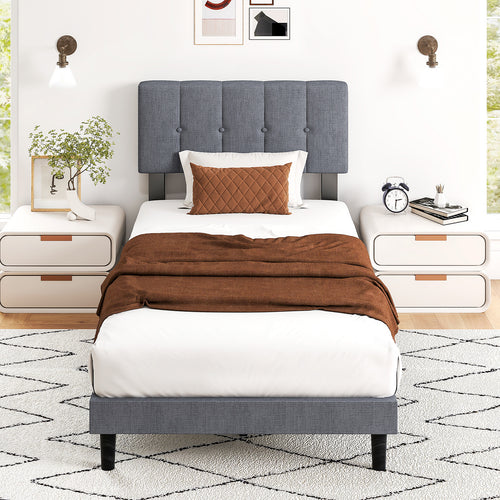EDX Platform Bed Frame, Fully Upholstered Mattress Foundationwith Fabric Upholstered Headboard and Wooden Slats Support, No Box Spring Needed, Grey