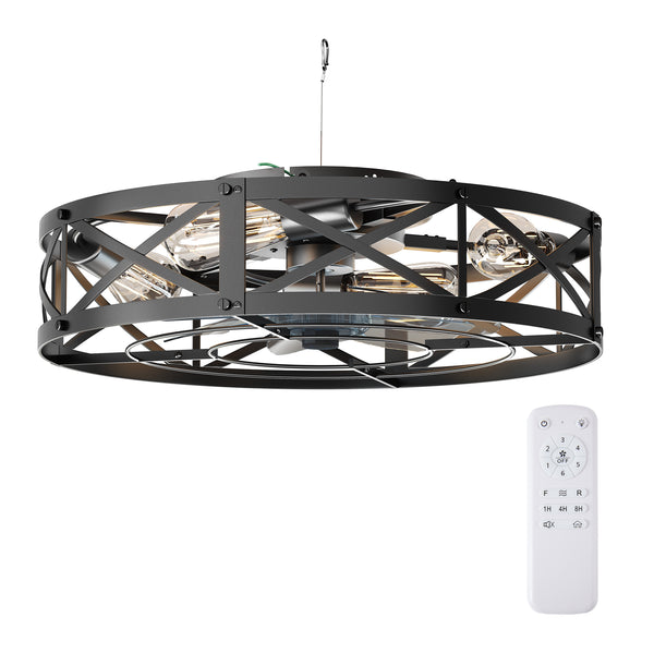 Sweetcrispy Farmhouse Caged Ceiling Fan with Light Flush Mount Fandelier Remote Dimmable LED for Bedroom Living Room Kitchen