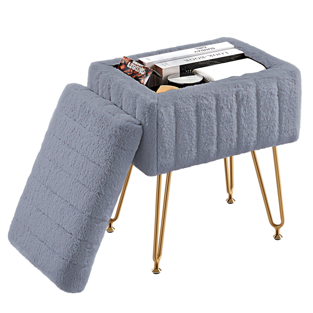Sweetcrispy Vanity Stool Chair with 4 Metal Legs Anti-Slip Adjustable Feet, Faux Fur Seat, Storage Space