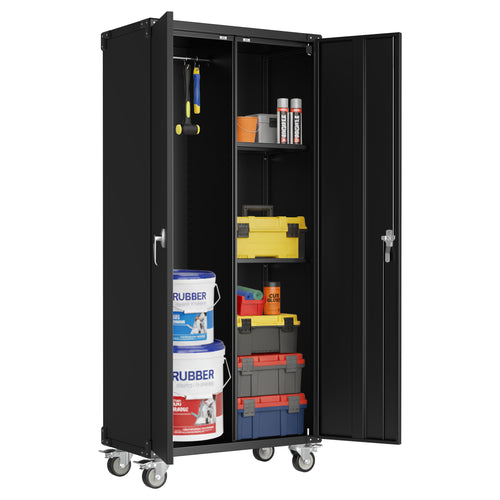 Sweetcrispy Lockable Metal Storage Cabinet with Wheels and Adjustable Shelves