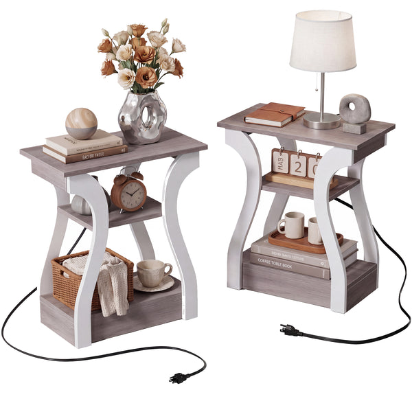 Sweetcrispy 3-Tier End Table with Charging Station for Living Room & Bedroom
