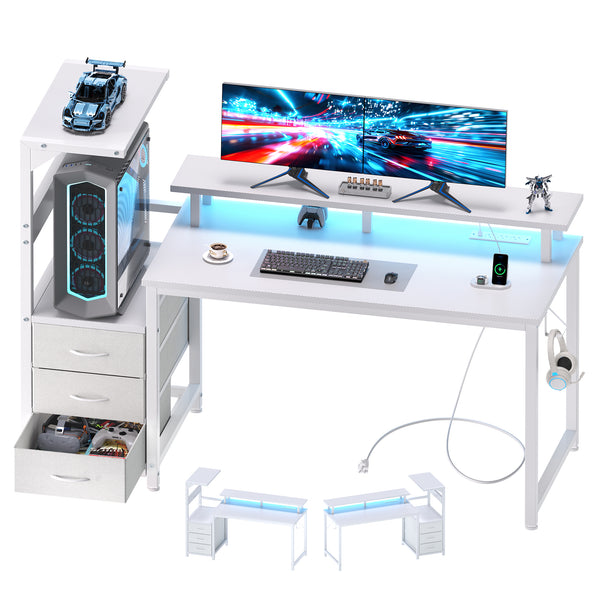 Sweetcrispy Computer Desk with Monitor Stand, 3 Drawers, LED Lights & Built-In Cable Management